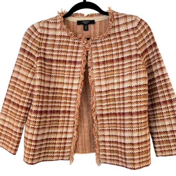 Weekend MaxMara Tilly Tweed Open Front Blazer Fringe Trim Flax Linen Plaid S - Picture 8 of 9